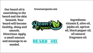 Brown's Organix beard oil is natural and nourishing to the beard and skin.  Provides luster, health, and shine while softening the beard.